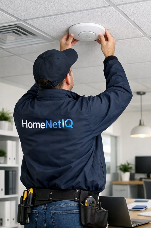 HomeNetIQ technician installing a ceiling-mounted wireless access point in an office