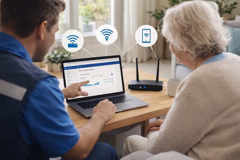 HomeNetIQ technician helping a senior client set up Wi-Fi, pointing at a laptop screen with a router on the table